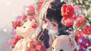 動漫女孩，長著狐狸耳朵，戴著紅花，手持瓶子，被花朵環繞。