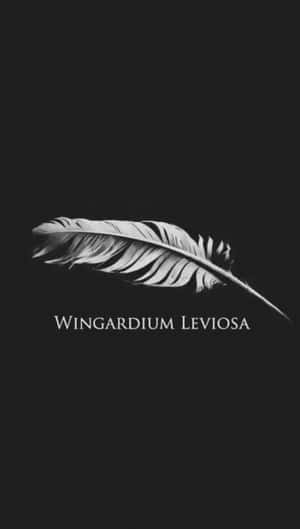 一根白色羽毛，黑色背景上有文字 Wingardium Leviosa。 — 魔法 GIF 壁紙