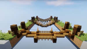 一條帶火炬的木橋橫跨Minecraft世界中的河流。 — 我的世界 壁紙
