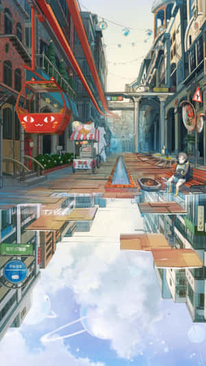 動漫女孩坐在漂浮城市街道的長椅上，下方有雲朵，上方有紅色纜車。 — 夜景城市 壁紙