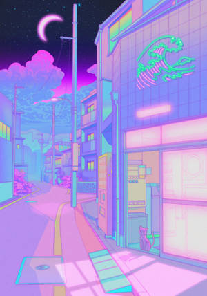 一條發光的動漫街道，夜晚有一隻貓在商店門旁，新月之下。 — IQOO Pad5c 壁紙