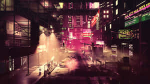 夜晚中由霓虹燈招牌和潮濕路面反射照亮的未來城市街道。 — 暗夜城市 壁紙