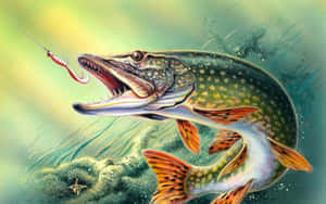 梭子魚在水下攻擊綠色植物附近的紅色釣魚假餌。 — 16:10 壁紙