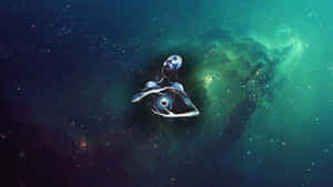 一艘鯨魚形狀的太空船漂浮在佈滿星星的星雲中，帶有綠色和藍色的雲彩。 — 靈性動態圖 壁紙