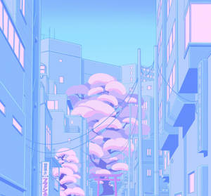 動漫街景，在粉彩建築物之間有櫻花和神社大門。 — 粉藍色 壁紙