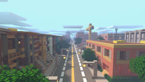 Minecraft城市街道，有方塊狀建築物和樹木，天空晴朗。 — 我的世界 壁紙