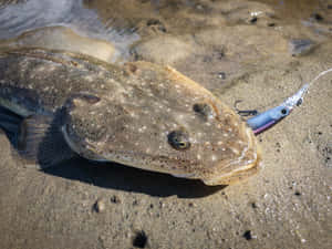 比目魚被魚餌鉤住，躺在濕沙上休息。 — 魚 壁紙