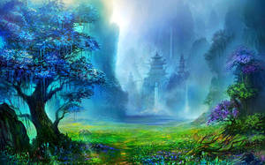 通往霧氣繚繞山巒中閃耀寺廟的神秘森林小徑。 — 藍天 壁紙
