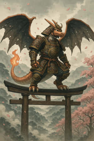 一條穿著武士鎧甲的龍站在鳥居上，尾巴燃燒，櫻花飄落 — iPhone 4 壁紙