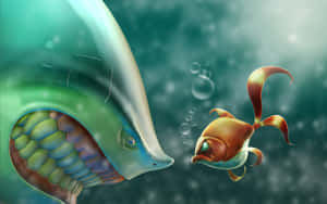 一條細小橙色魚喺水中遇到一條巨大半透明鯨魚，周圍有泡泡。 — 2880x1800 壁紙
