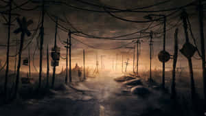 廢棄的道路，在荒蕪的廢墟中，破損的電線桿和電線，黃昏時分。 — 夜景城市 壁紙