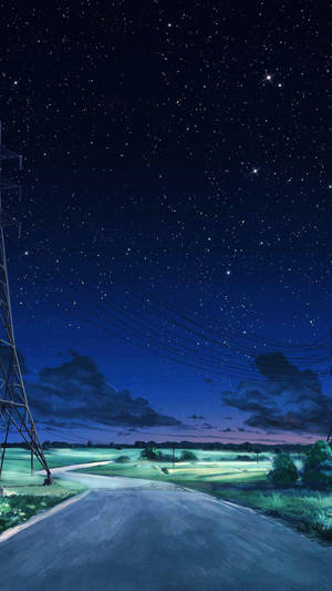 星空下一條安靜的道路，有電線和發光的田野。 — 藍天 壁紙