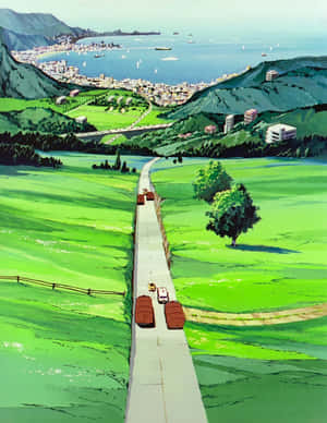 一條風景如畫的動漫風格道路，蜿蜒穿過綠色山丘，通往一個有船隻的沿海城市。 — 惡魔城 壁紙