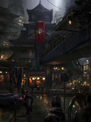 夜晚的未來日本城市街道，帶有霓虹燈和雨景。 — Galaxy Z TriFold 壁紙