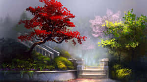 石階穿過霧氣瀰漫的花園，紅色和粉紅色的開花樹木在黎明中閃耀。 — 黎明 壁紙