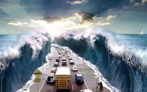 一條高速公路兩旁是巨大的海浪，汽車穿過狹窄的通道行駛。 — 幻覺 壁紙