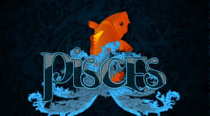 橙色魚從藍色水中躍起，下方是單詞 Pisces，背景為深色圖案。 — 雙魚座 GIF 壁紙