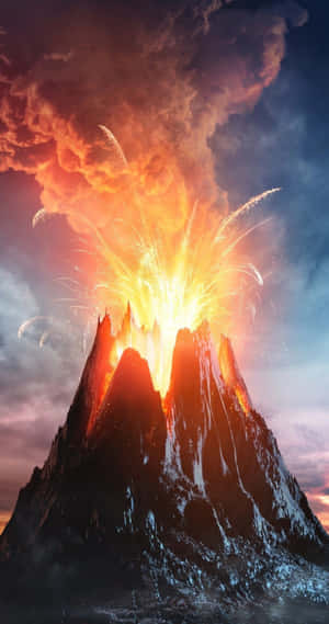 一座白雪覆蓋的火山正在噴發，明亮的熔岩和煙霧噴向色彩斑斕的天空。