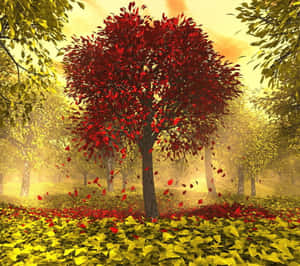 金色秋林中一棵紅葉樹，落葉飄落。 — 秋天 壁紙