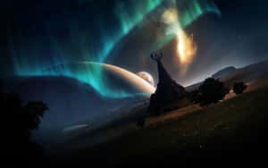 夜晚發光的極光和異星行星下的樹影。 — 可愛星系 壁紙
