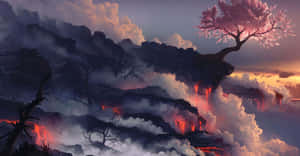 日落時分，櫻花樹在火山懸崖頂端盛開，下方有熔岩流動。 — 湖景 壁紙