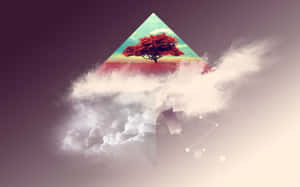 一棵紅樹在三角形山峰頂上，從紫色天空下的雲層中升起。 — 極簡美學 壁紙