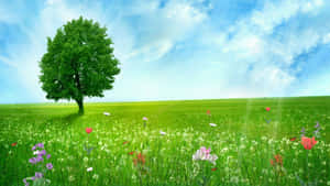 陽光藍天下野花田中的孤樹。 — 向日葵田 壁紙