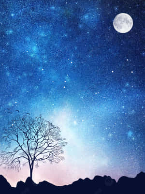 滿月星空夜空下裸樹的剪影。 — 月色夜空 壁紙
