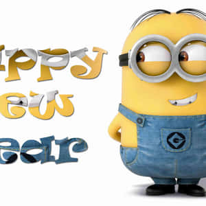 Happy New Year 祝福，有一個微笑的Minion穿著牛仔布工裝褲。