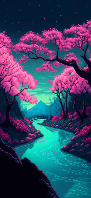 一棵粉紅色的樹，背景有河流