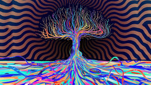 一棵發光的樹，帶有多彩的根和枝條，背景是波浪條紋。 — 樹 壁紙