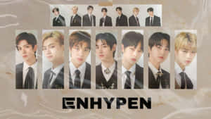 ENHYPEN K-pop組合在帶有紋理的米色背景上穿著正式西裝的肖像。