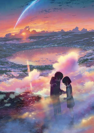 兩個動漫角色在雲上手牽手，背景是色彩繽紛的日落和彗星。