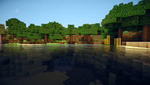 方塊狀的Minecraft森林，有樹木和水面反射天空。 — 我的世界 壁紙