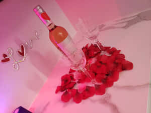 玫瑰紅酒瓶和酒杯，搭配大理石上的玫瑰花瓣，營造浪漫氛圍。 — 4:3 壁紙