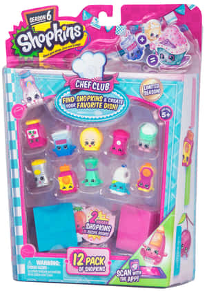 12個Shopkins Chef Club玩具公仔連食譜書和配件的包裝。 — iPad (A16) 壁紙