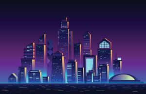 夜晚未來城市天際線，發光的建築物和霓虹燈。 — 城市景觀 壁紙