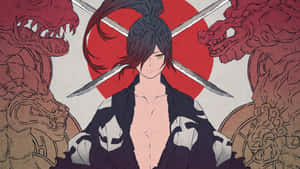 黑髮黃眼的動漫戰士站在紅日之前，兩側有兩隻龍和交叉的劍。 — Dorohedoro 壁紙