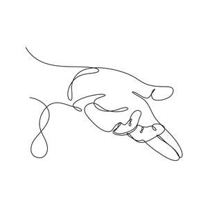 一隻風格化狗隻的極簡線條藝術，帶有流暢曲線和一滴水滴。