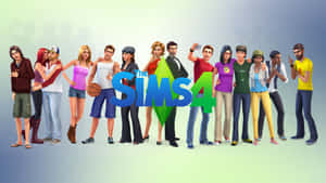 《The Sims 4》遊戲標誌，配上一排多元化的動畫角色擺姿勢。 — 反斗奇兵4 壁紙