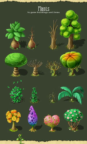 遊戲素材表，包含多種卡通植物，如樹木、蘑菇和開花灌木。 — Galaxy Tab A11 壁紙