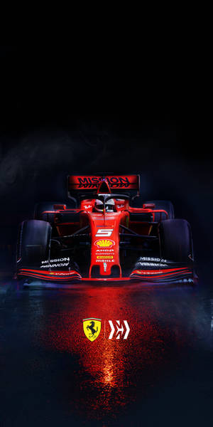 紅色法拉利F1賽車在潮濕賽道上，帶有發光燈光和煙霧