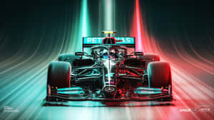 帶有Petronas品牌標誌的Mercedes F1賽車，被霓虹紅和青綠色的光條照亮。