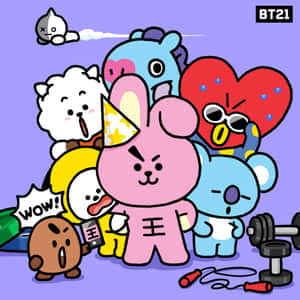 BT21卡通角色帶著驚訝的表情聚集在健身器材周圍。 — iPad (A16) 壁紙