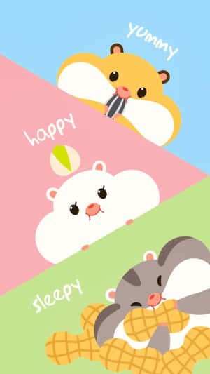 三隻卡通倉鼠吃窩夫，標籤為happy、sleepy、yummy。