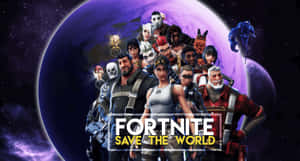 《要塞英雄：拯救世界》角色在紫色星球前英勇擺姿勢。 — Fortnite 造型 壁紙
