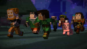 Minecraft角色和一隻豬在夜間穿過森林。 — 我的世界 壁紙