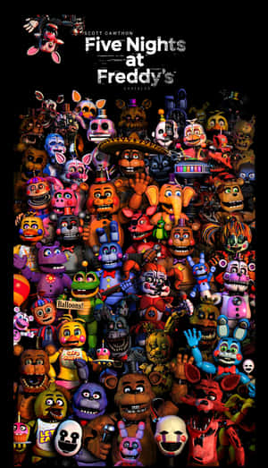 一群來自《Five Nights at Freddy's》的彩色電子動畫角色密集地聚集。 — Huawei Pura X View 壁紙