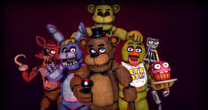 一群來自《Five Nights at Freddy's》的電子動畫角色在深紫色背景上。 — 反斗奇兵 三眼仔 壁紙