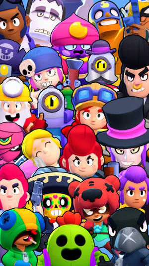 一組密集的《Brawl Stars》遊戲角色，表情多樣，色彩鮮豔。 — 遊戲 壁紙